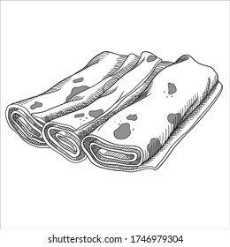 Stuffed rolled pancake crepes with filling dish of Russian cuisine