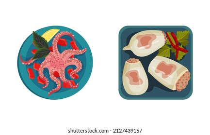 Stuffed Squid and Boiled Octopus as Seafood Dish Above View Vector Set