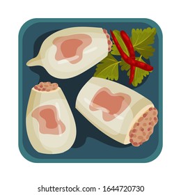 Stuffed Squid with Green Leaf Garnish Top View Vector Illustration