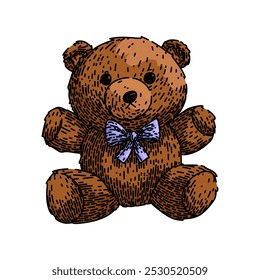 Oso de peluche de peluche dibujado a mano. Abrazo lindo, infancia de confort, amigo Boceto de Vector de oso de peluche de peluche acogedor. ilustración a color aislado