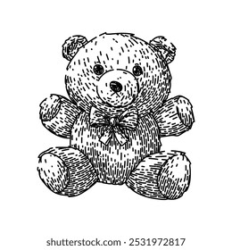 Oso de peluche de peluche dibujado a mano. Abrazo lindo, infancia de confort, amigo Boceto de Vector de oso de peluche de peluche acogedor. ilustración negra aislada