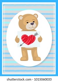 Stuffed teddy with sheet of paper and hand drawn broken heart with arrow, vector illustration of cute male bear in oval shape frame on blue backdrop