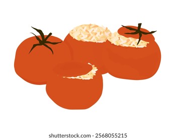 Stuffed tomatoes with rice. Baked vegetables. Greek food. Vector stock illustration. Isolated on white background. 