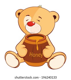 A stuffed toy bear cub and a barrel of honey cartoon 