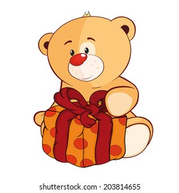 A stuffed toy bear cub  and a box  cartoon 