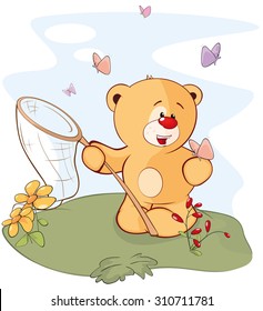 A stuffed toy bear cub and a butterflies cartoon 