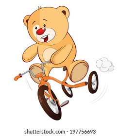 A stuffed toy bear cub and a children's tricycle cartoon 