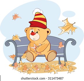A stuffed toy bear cub and falling leaves. Cartoon 