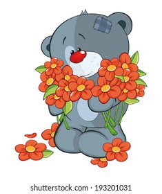 The stuffed toy bear cub and flowers