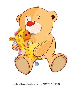 A stuffed toy bear cub and a toy giraffe cartoon 