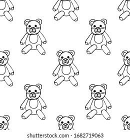 Stuffed toy for children. Bear Vector hand draw seamless pattern isolated on white background