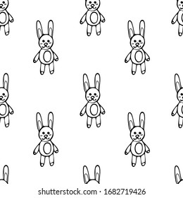 Stuffed toy for children. Bunny Vector hand draw seamless pattern isolated on white background