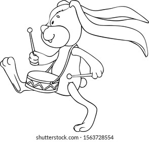 Stuffed toy rabbit marching and knocking on the drum
