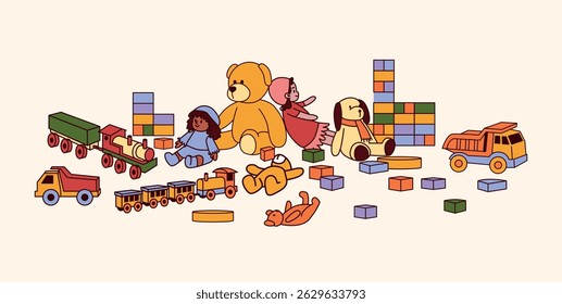 Stuffed toys, dolls, trains, trucks and colorful cubes scattered on floor. Indoor preschool toy collection for children’s playtime. Flat vector illustration of playroom objects.