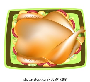 Stuffed turkey. A traditional dish to the festive table. Cranberry sauce, a garnish of apples, potatoes, greens. Prepare for Thanksgiving. Vector illustration.
