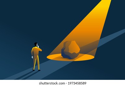 Stumbling Block On The Career Or Life Path - Polygonal Person Looking At Rock Stone In Spotlight And Confusing. Vector Concept