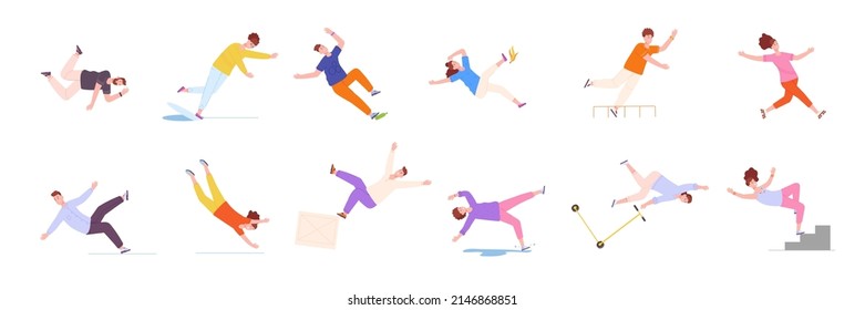 Stumbling People. Falls Person, Falling Down Characters Stairs Unbalanced Ladder, Caution Dangerous Injury Tripping Drop Man Slip Slide Falldown, Vector Illustration. Fall Down And Falling Stumble