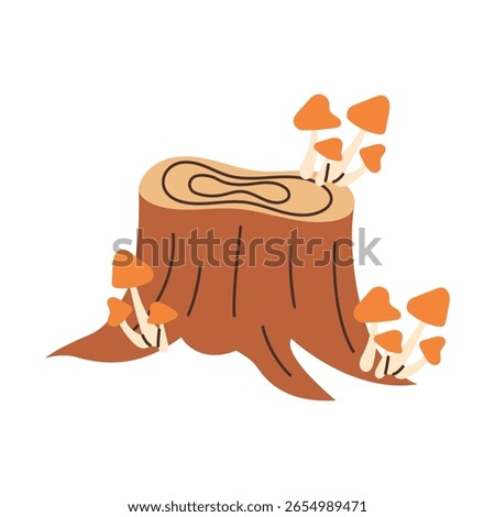 Stump with autumn mushrooms. Forest element for autumn design. Vector illustration.