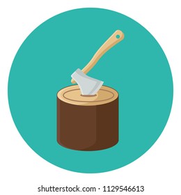 Stump with ax flat icon isolated on blue background. Camping sign symbol in flat style. Vector illustration for web and mobile design.