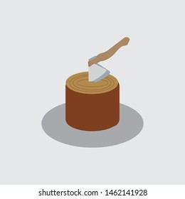 Stump with ax flat icon isolated on blue background. Camping sign symbol in flat style with long shadow. 