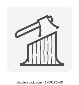 Stump, ax or hatchet vector icon. Remain after cut off or felling trunk tree for log wood, timber from forest. Represent harvest, deforestation, environment, sawmill industry, construction, woodwork.