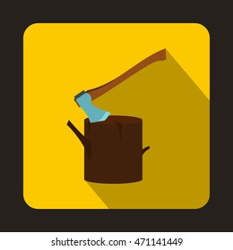 Stump with axe icon in flat style with long shadow. Felling symbol