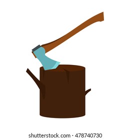 Stump with axe icon in flat style isolated on white background. Felling symbol vector illustration