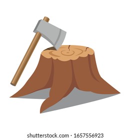 Stump with axe isolated on white background. Wooden axe element for woodworking or lumberjack emblem or icon. Realistic vector illustration of metal ax with handle made of wood stuck in tree trunk