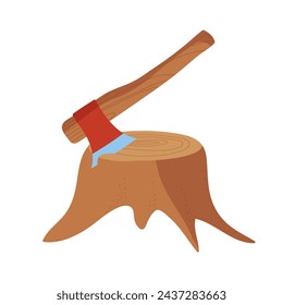 Muñón con hacha aislado sobre fondo blanco. Hacha de metal con mango de madera pegado en el muñón. Herramienta para talar árboles. Herramienta de leñador Ilustración vectorial para senderismo, camping, explotación forestal