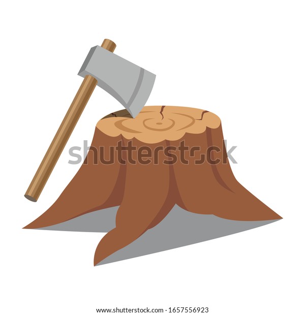 白い背景に切り株と斧 木工用の木製の斧のエレメント または木製のギザギザのエンブレムまたはアイコン 木の幹に木の柄を刺した金属の斧のリアルなベクター イラスト のベクター画像素材 ロイヤリティフリー
