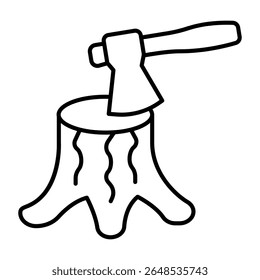 Stump com ícone de linha fina machado, conceito de indústria florestal. Gráficos vetoriais. Ferramenta Axe com coto de árvore, sinal de trabalho de madeira no fundo branco, móvel estilo ou design