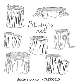 Stump black and white  line engraved silhouettes set in linocut.  vector illustration