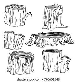 Stump black and white silhouettes handdrawn set vector illustration