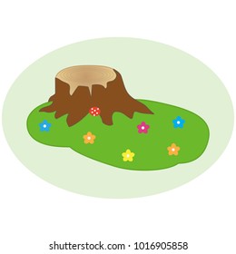 Stump in a clearing with flowers. Flat design, vector.