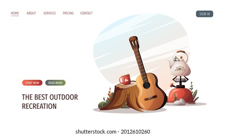 Stump with cup, guitar, gas-burner with kettle. Camping, traveling, trip, hiking, camper, nature, journey, picnic, campsite concept. Vector illustration for poster, banner, website.