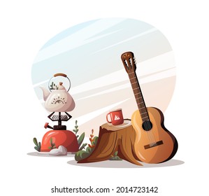 Stump with cup, guitar, gas-burner with kettle. Camping, traveling, trip, hiking, camper, nature, journey, picnic, campsite concept. Isolated vector illustration for poster, banner, cover, card.