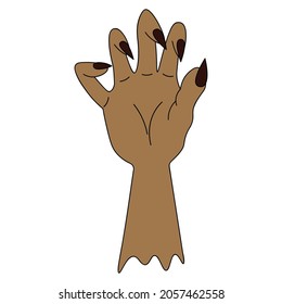 The stump of a dead man's hand. Curved fingers with sharp claws. Colored vector illustration. Isolated white background. Cartoon style. Halloween symbol. Decoration for All Saints Day. Halloween. 