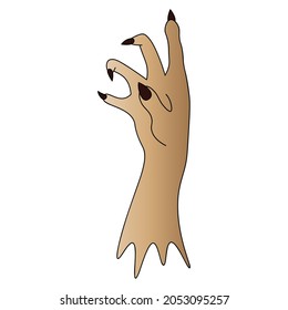 The stump of a dead man's hand. Side view. Curved fingers with sharp claws. Colored vector illustration. Isolated white background. Cartoon style. Halloween symbol. Decoration for All Saints Day.