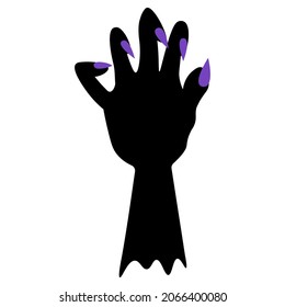 The stump of a dead man's hand. Silhouette with purple nails. Curved fingers with sharp claws. Vector illustration. Isolated white background. Halloween symbol. Decoration for All Saints Day. 