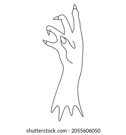 The stump of a dead man's hand. Sketch. Side view. Curved fingers with sharp claws. Vector illustration. Outline on an isolated white background. Doodle style. Ominous zombie palm. Halloween symbol. 