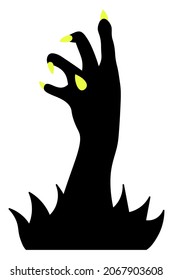A stump of a dead man's paw. Silhouette with yellow claws. Curved fingers with sharp nails. Vector illustration. Isolated white background. Halloween symbol. Decoration for All Saints Day. 