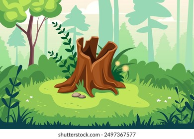 stump in forest background. cartoon wooden stump at the meadow, forestry nature rural material. vector cartoon flat forest nature background.