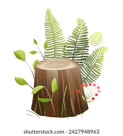 Stump in the forest, isolated tree trunk in nature with grass and plants. Tree stump and grass with berries, nature objects for kids story. Vector children illustration in watercolor style.