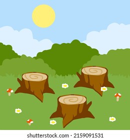 Stump in forest meadow. Green field with grass. Background for child drawing. Summer nature. Funny scene or area