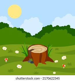 Stump in forest meadow. Green field with grass. Background for child drawing. Summer nature. Funny scene or area