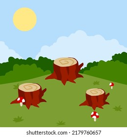 Stump in forest meadow. Green field with grass. Background for child drawing. Summer nature. Funny scene or area