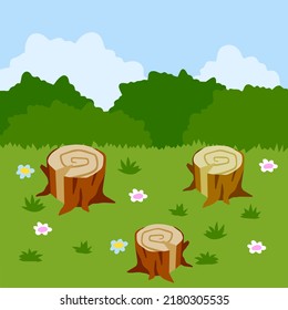 Stump in forest meadow. Green field with grass. Background for child drawing. Summer nature. Funny scene or area