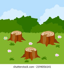 Stump In Forest Meadow. Green Field With Grass. Background For Child Drawing. Summer Nature. Funny Scene Or Area