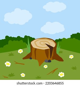 Stump in forest meadow. Green field with grass. Background for child drawing. Summer nature. Funny scene or area