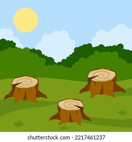 Stump in forest meadow. Green field with grass. Background for child drawing. Summer nature. Funny scene or area